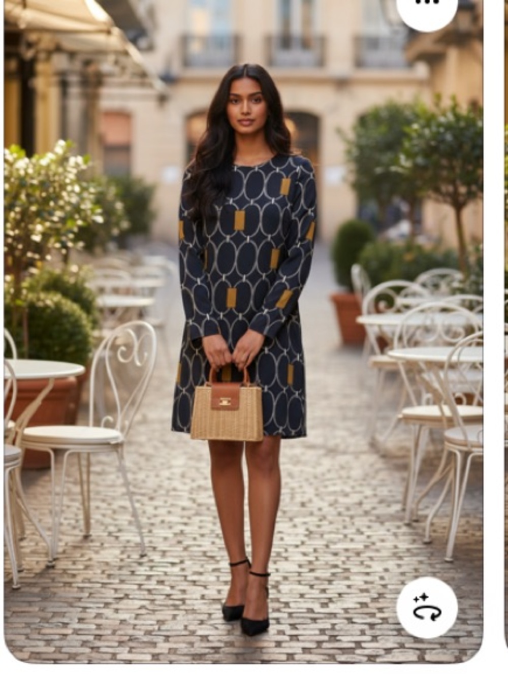 Lavender Brown Black Shift Dress with White Ovals and Mustard Accent. A1